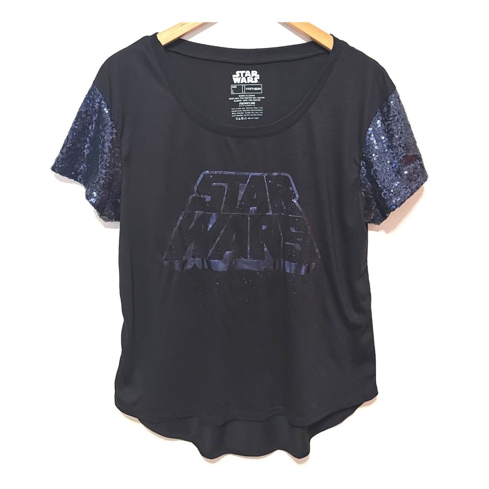 Fifth Sun Star Wars Graphic Tee Sz L Sequin Sleeve Black High Low Shirt Sci-Fi